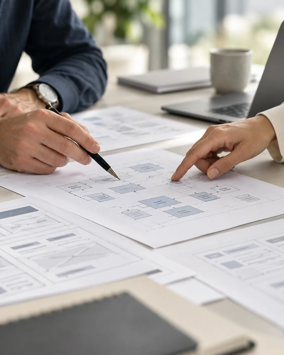 Two people reviewing software requirement diagrams and wireframes