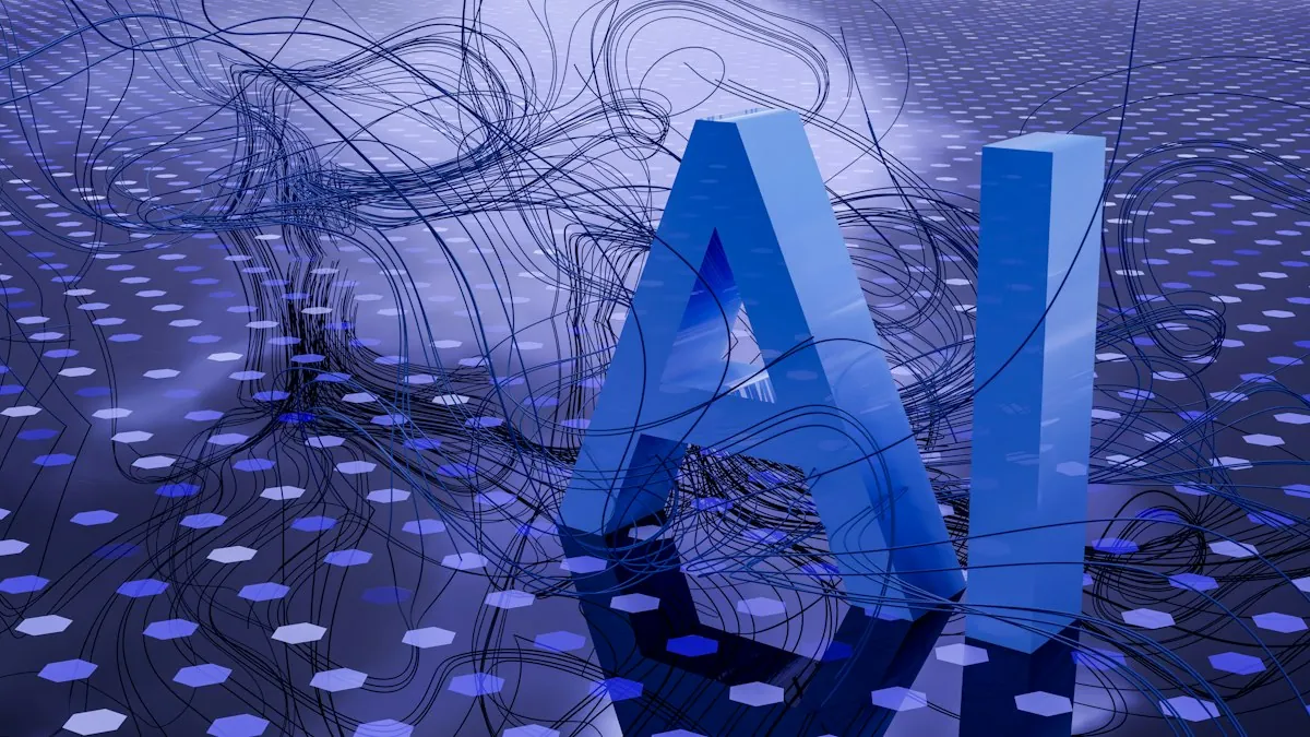 Illustration of artificial intelligence with the letters AI on a digital grid