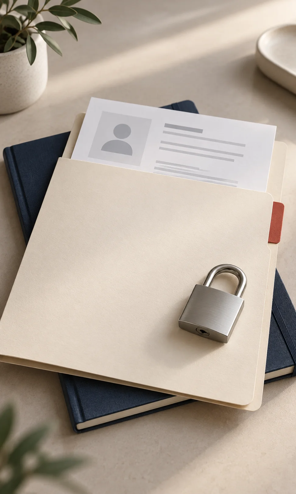 Candidate profile in a cream folder with a padlock on a desk