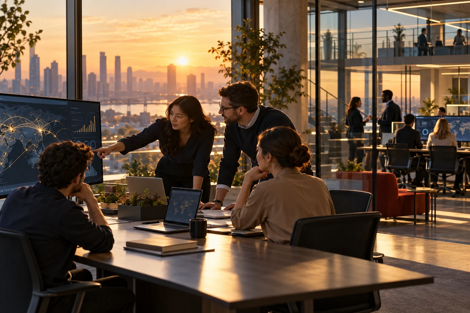 Team monitoring a cloud rollout on large screens in a modern office